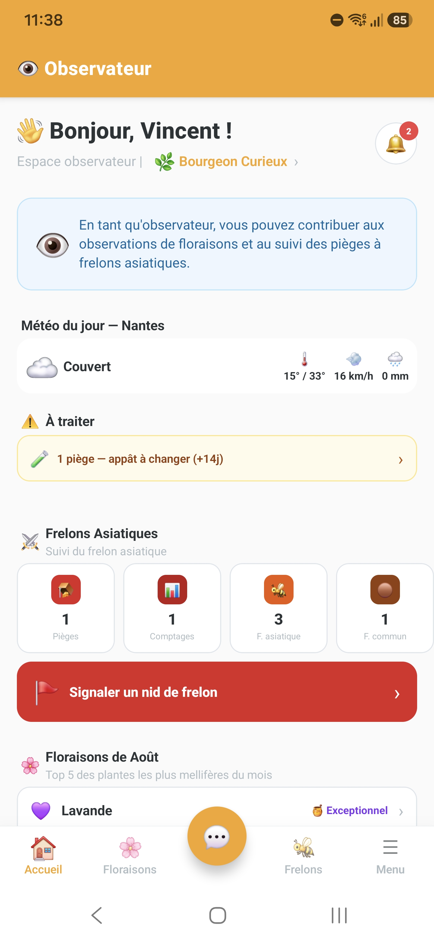 Tableau de bord observateur / piégeur dans Api'Track