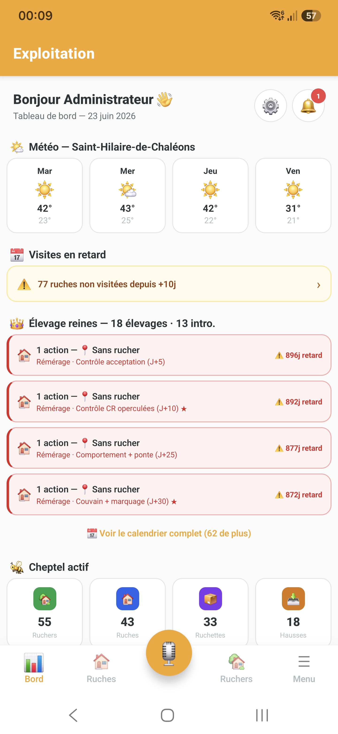 Tableau de bord de l'application de gestion apicole Api'Track
