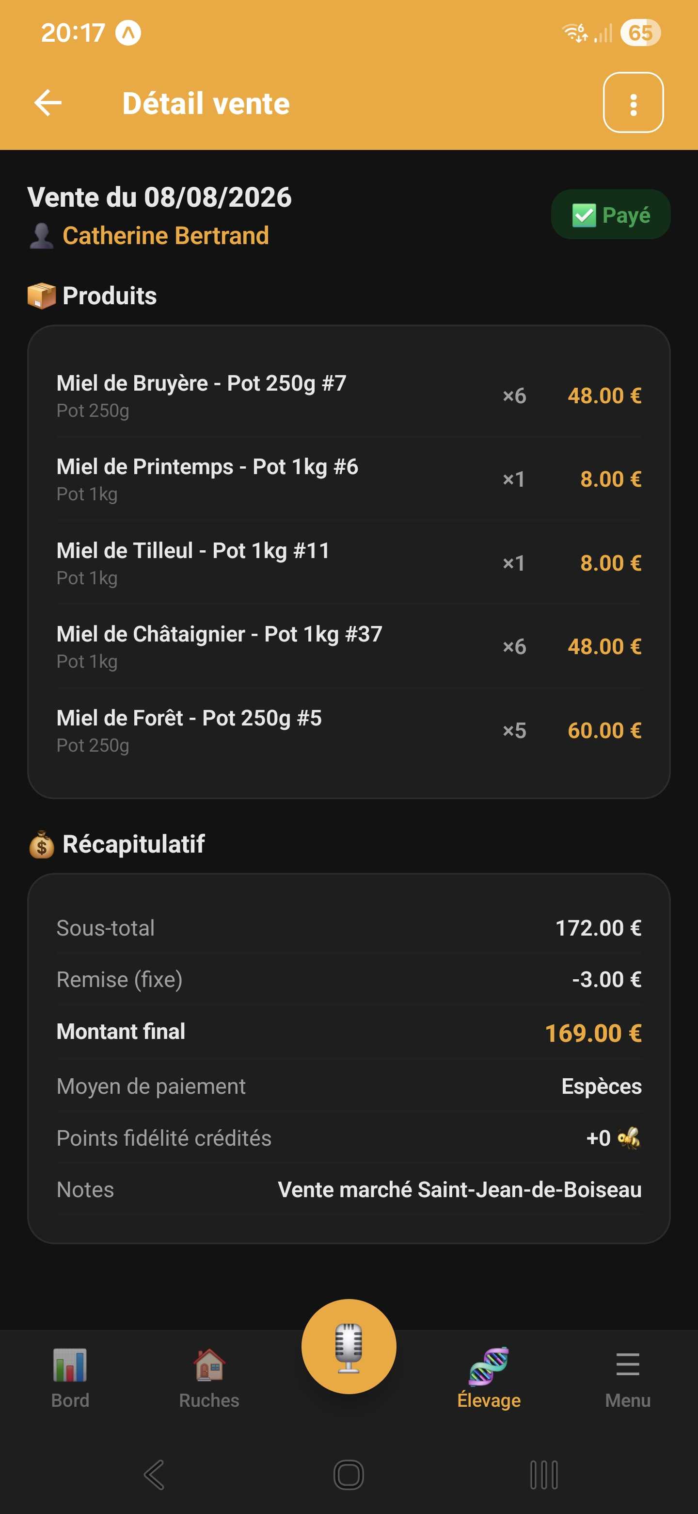 Enregistrement d'une vente et statistiques dans Api'Track
