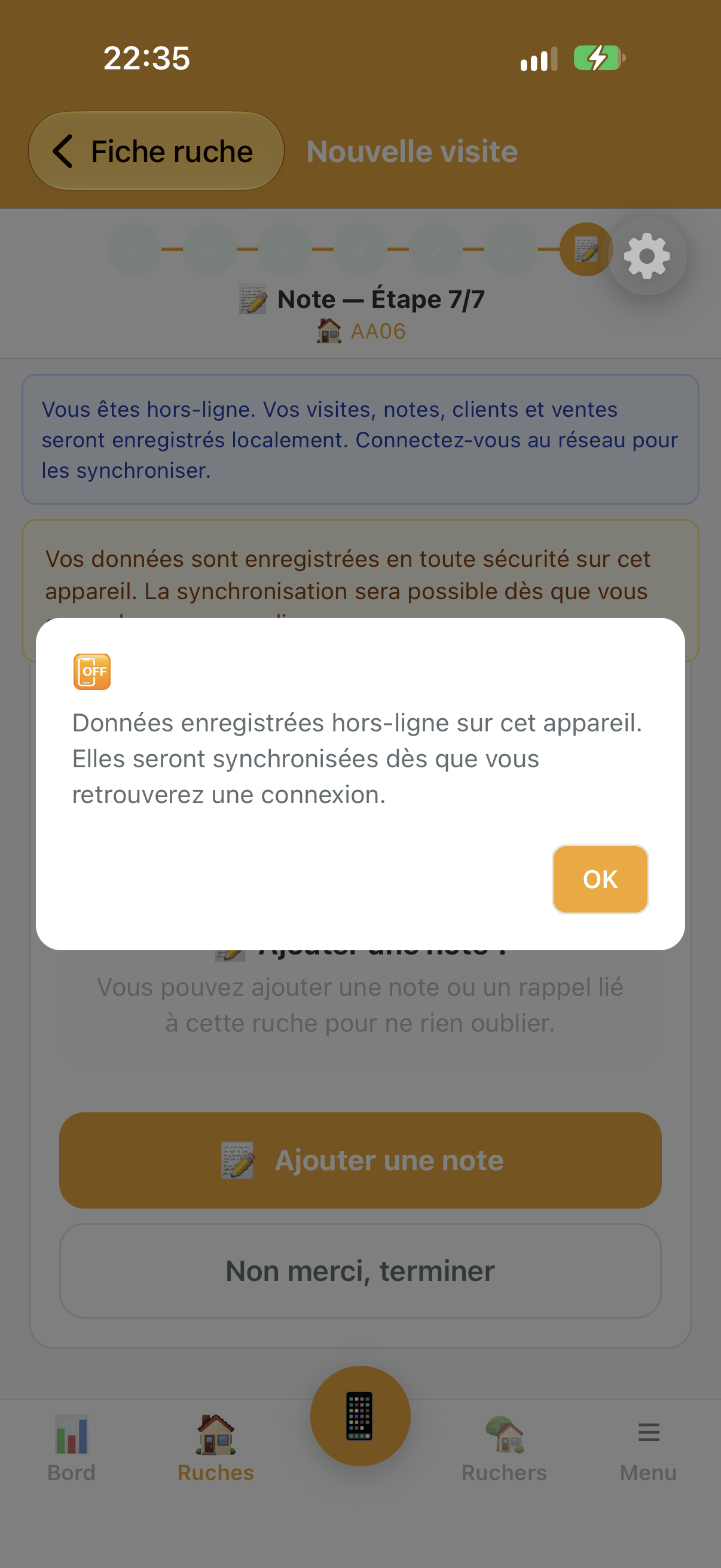 Message d'information que les données sont enregistrées hors ligne dans l'application apicole Api'Track