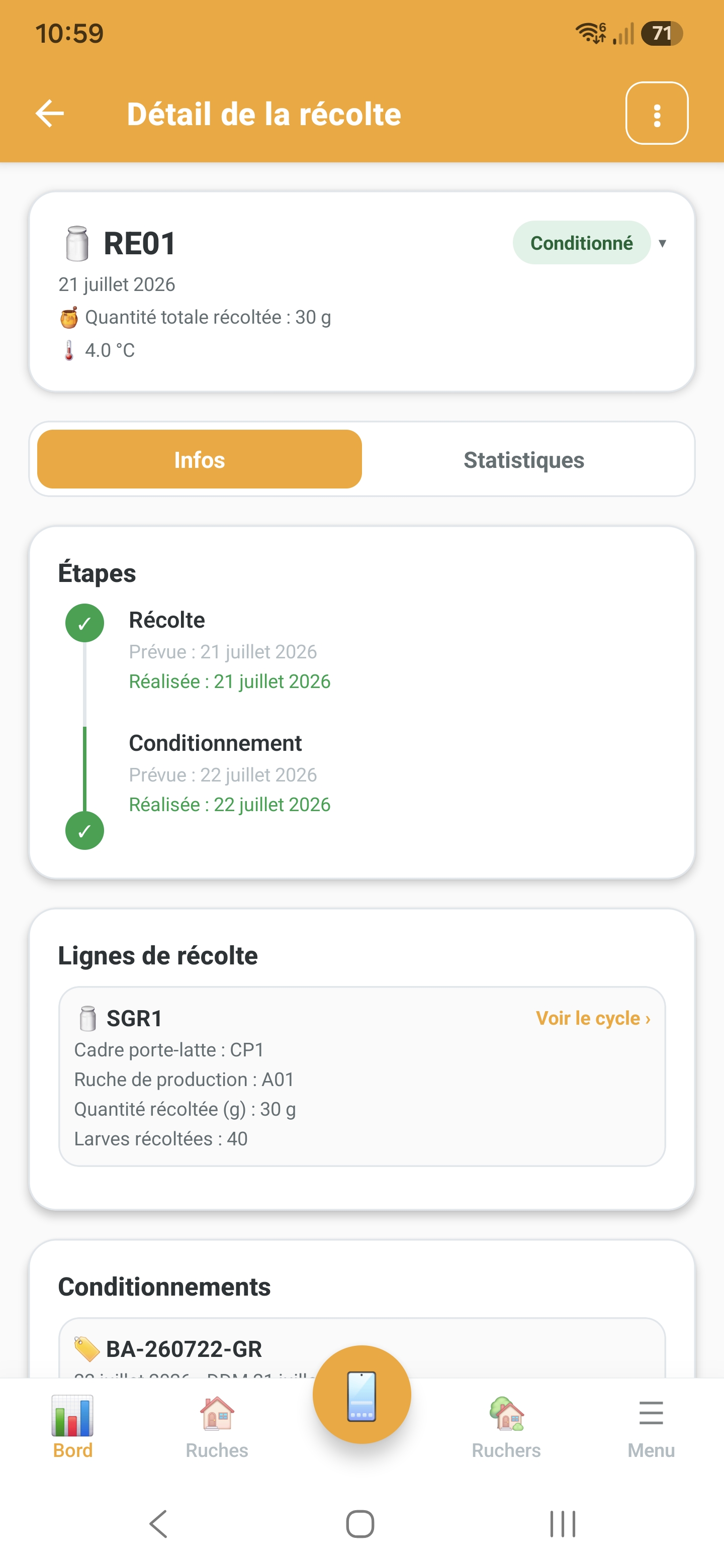 Fiche de récolte et conditionnement de gelée royale dans Api'Track