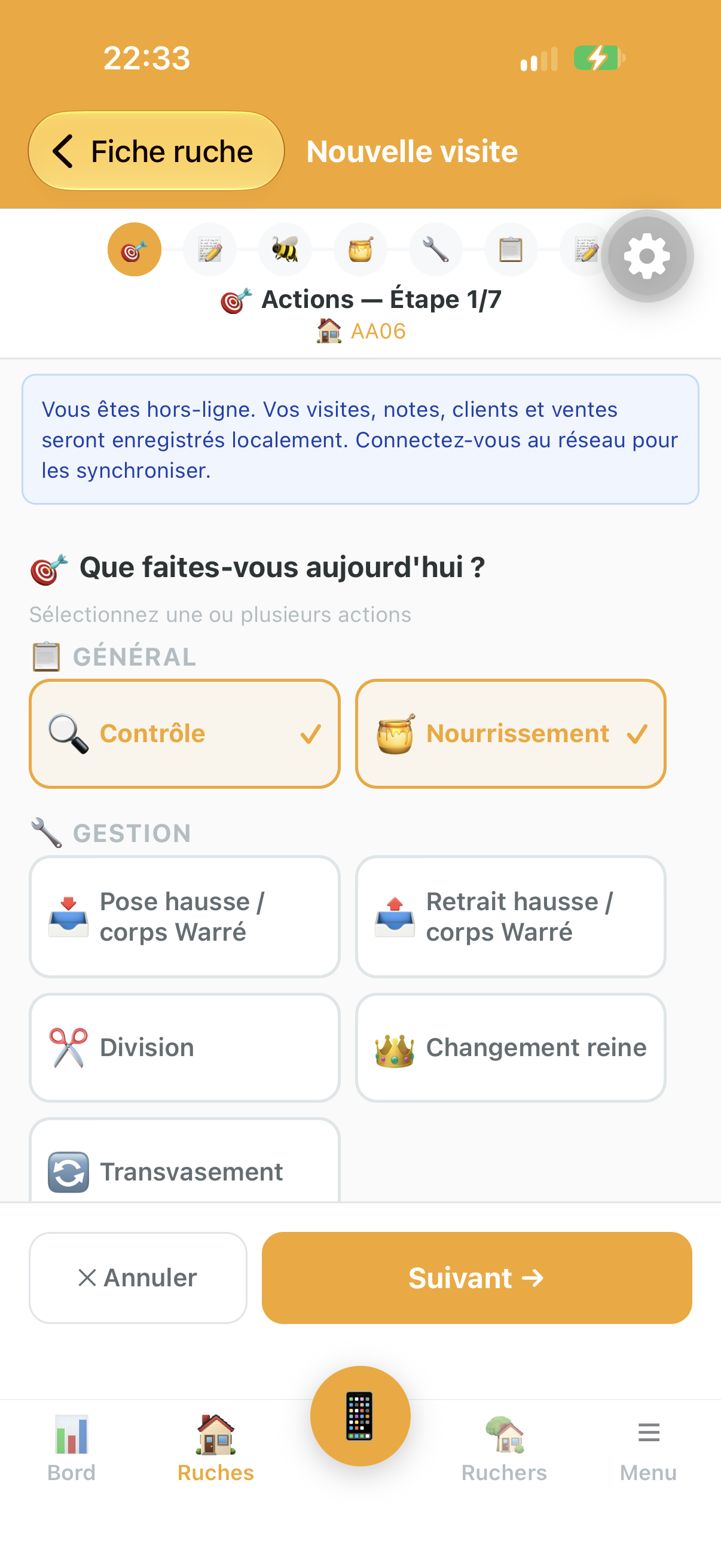 Bandeau indicateur du mode hors ligne dans l'ecran de selection des actions de visite de l'application Api'Track