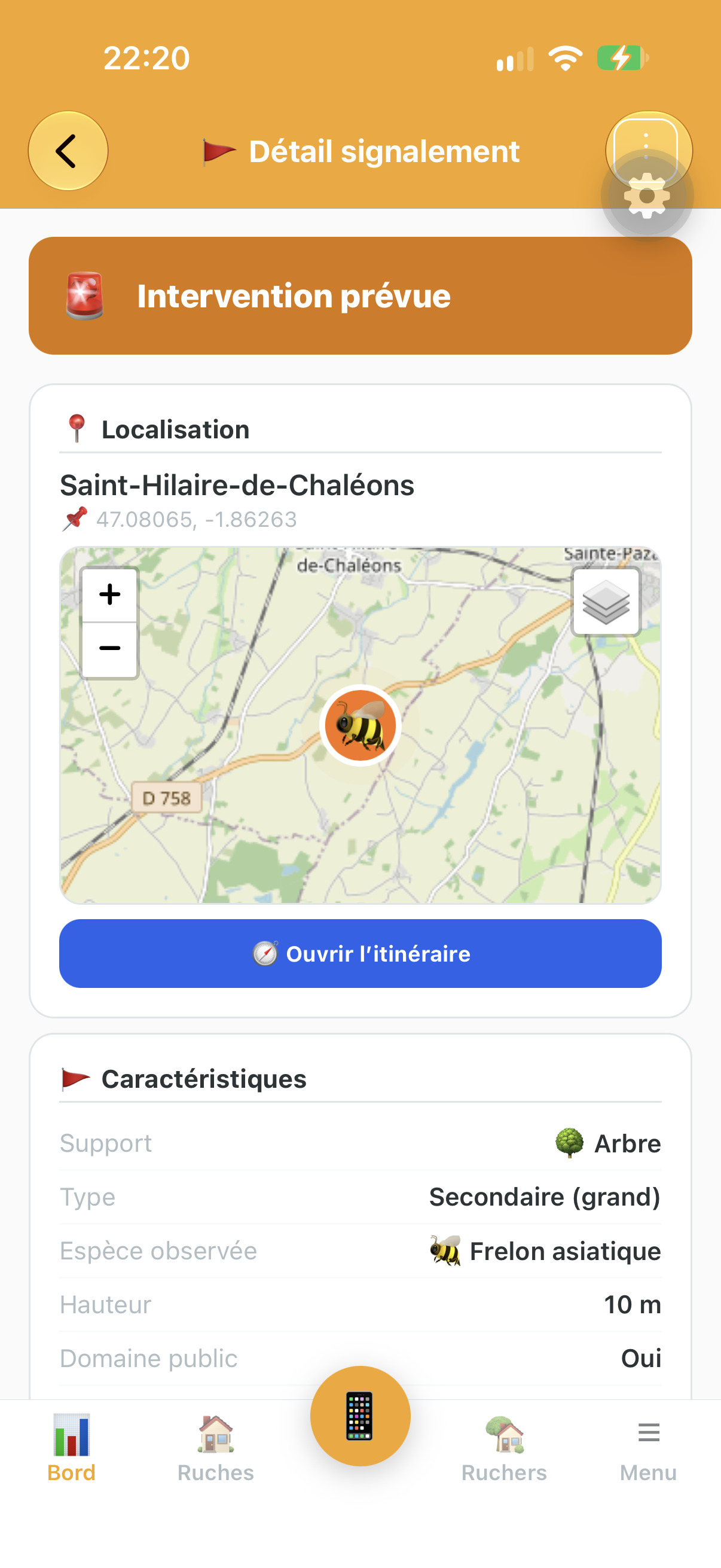 Intervention prévu pour la destruction d'un nid de frelon asiatique, pièges et désinsectiseurs dans Api'Track