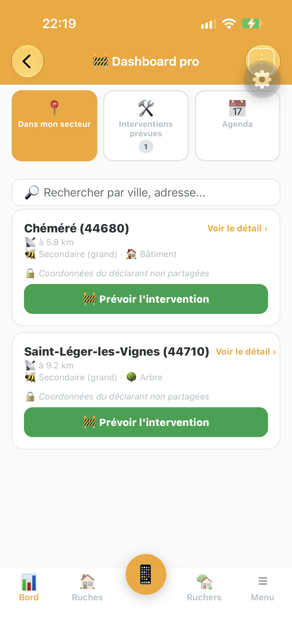Liste des nids signalés dans le secteur du desinsectiseur, pièges et désinsectiseurs dans Api'Track