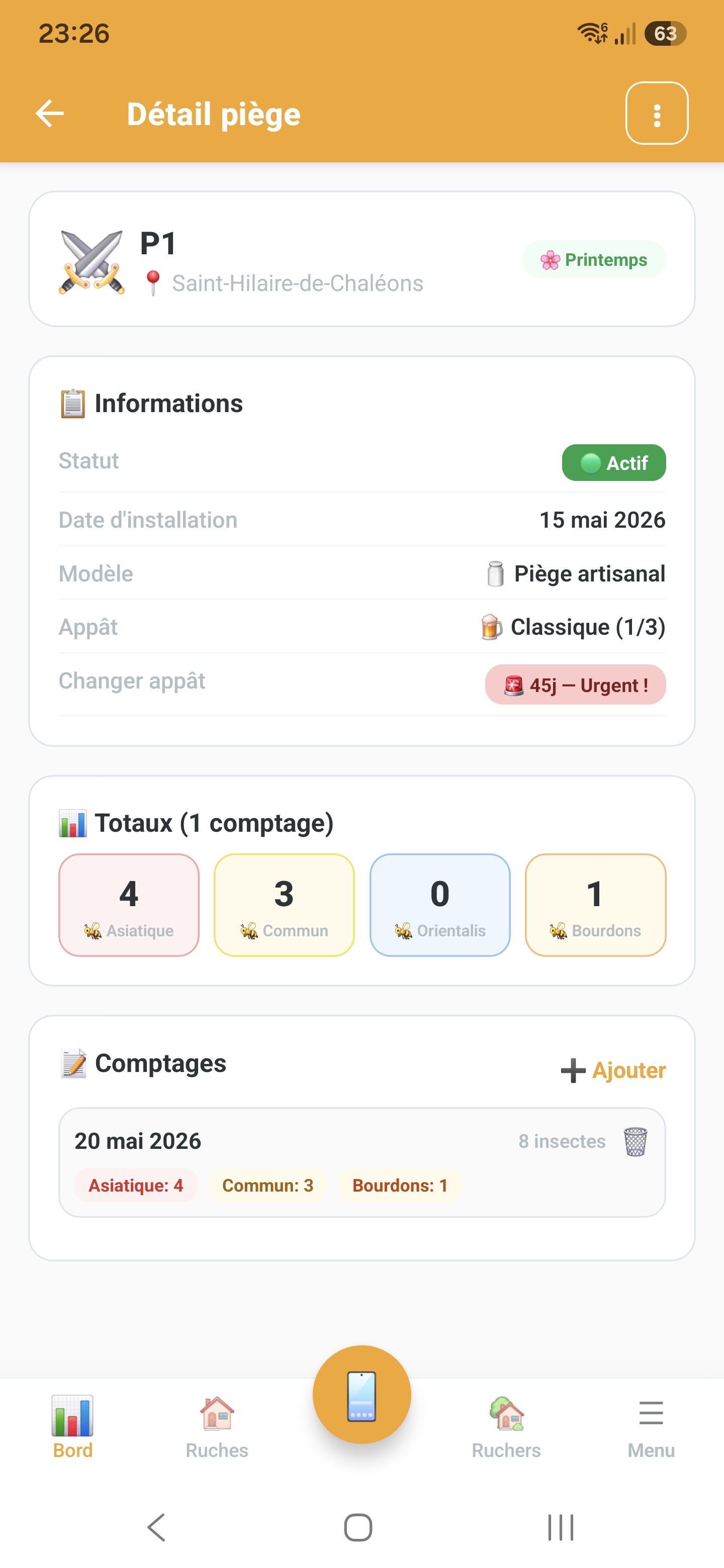Liste des pièges à frelon et rappels d'appât dans Api'Track