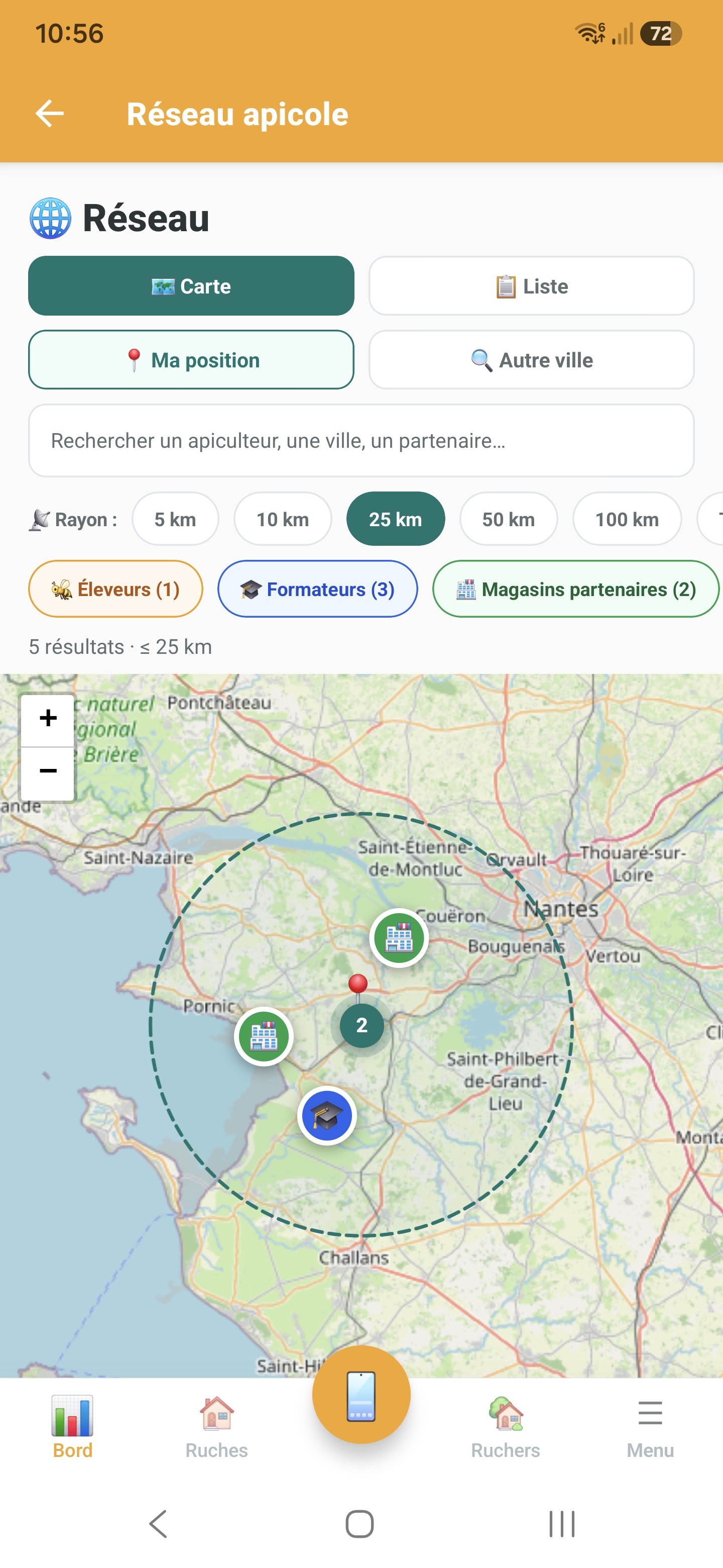 Carte du réseau apicole : éleveurs, formateurs et magasins partenaires dans Api'Track