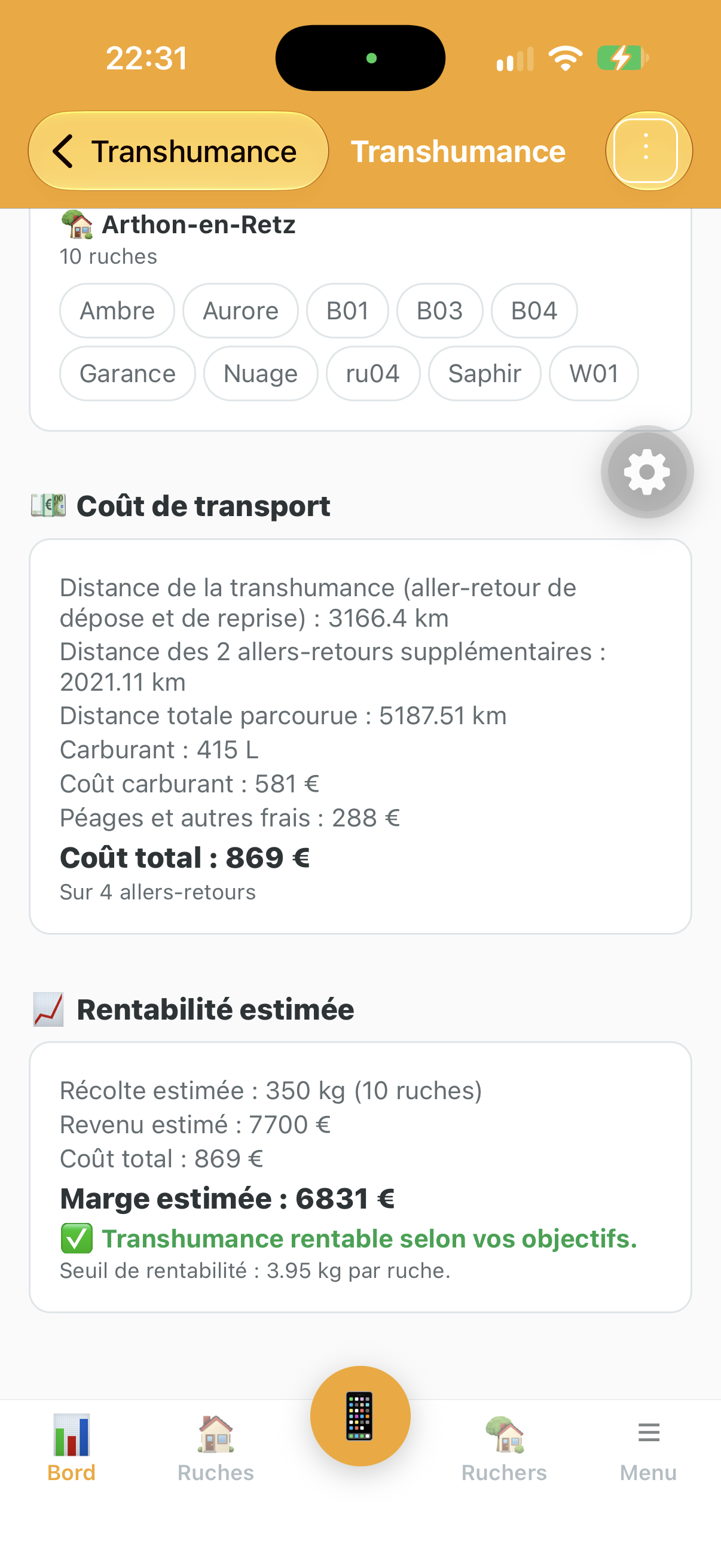 Coût de transport et de rentabilité d'une transhumance dans Api'Track
